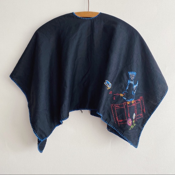 Vintage Sweaters - Vintage 60s Handmade Black Cotton Embroidered Singing Bird Butterfly Shawl Wrap